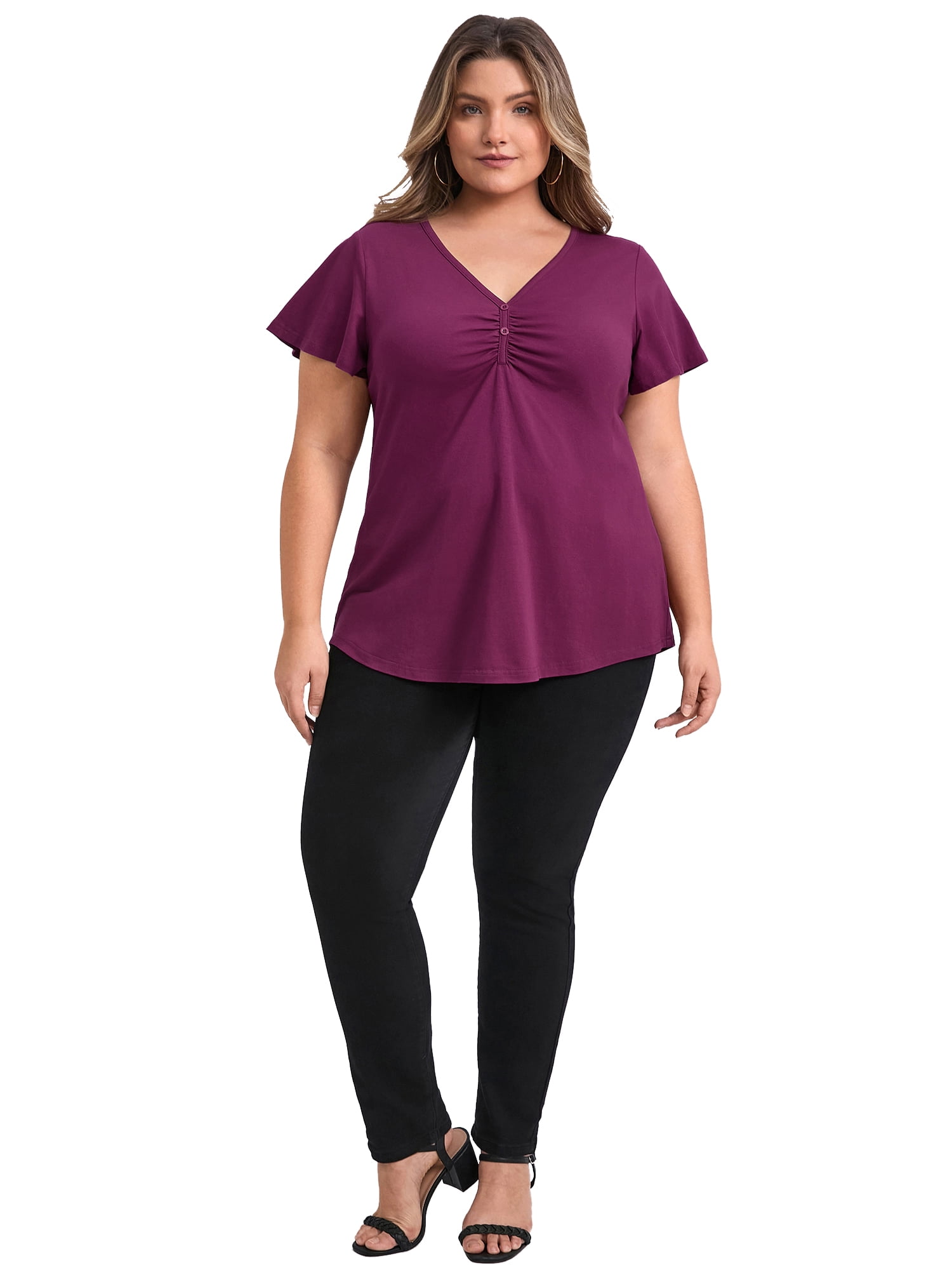 DARING DIVA Women's Plus Flutter Sleeve V Neck Blouse 1X Purple