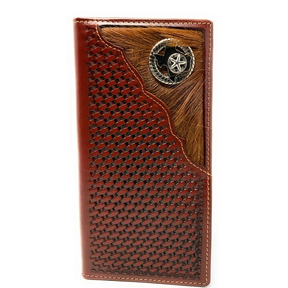 Western Men's Basketweave Genuine Leather Texas State Map Long Cowhide Stud Bifold Wallet in 3 Colors