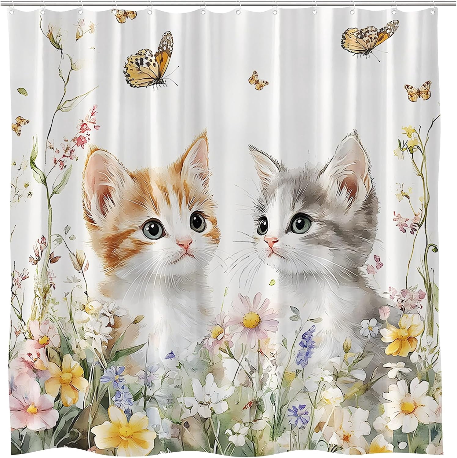 Butterfly and Kitten Floral Shower Curtain Cute Cat Spring Farmhouse Rustic Farm Animal Garden Cats Pet Lover Wildflower Bathroom Curtains Set Polyester Fabric with Hooks-72"W x 72"L (Pack of 1)
