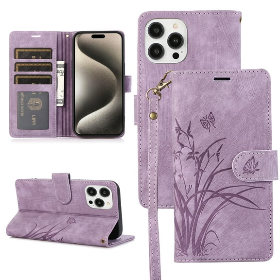 Feishell for iPhone 12/12 Pro Wallet Case with Wrist Strap, [Butterflies & Orchid Embossed] Premium PU Leather Magnetic Clasp Case Cover with Card Slots Kickstand Flip Phone Case for Women Men,Purple
