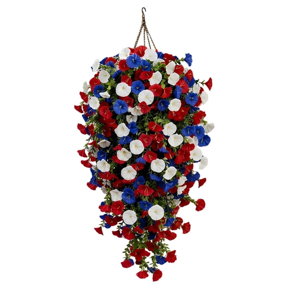 Patriotic Hanging Flower Baskets, Artificial Red White and Blue Hanging Flowers with Silk Petals, Triple Bunch Anniversary Porch Decor for Veterans Memorial Day, Outdoor Patio Yard Decoration