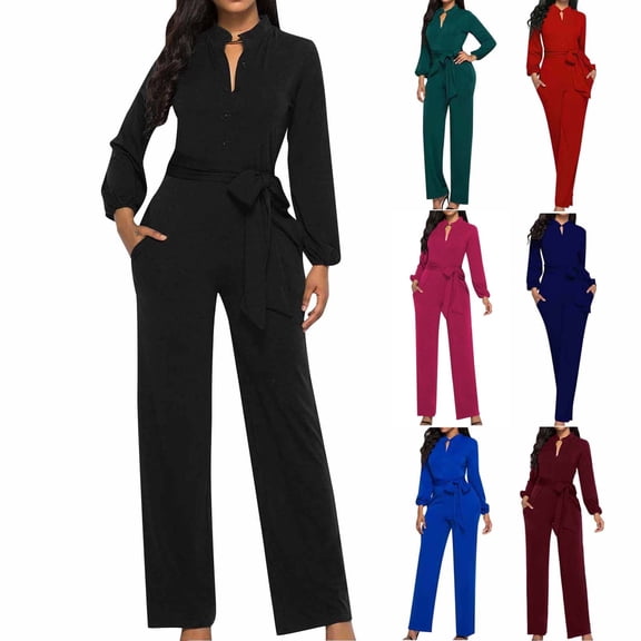 Lovzfmll Jumpsuit for Women, V-Neck Long Sleeve with Button & Pocket & Tie, Relaxed Fit Wide Leg Full Length Jumpsuit Black, S