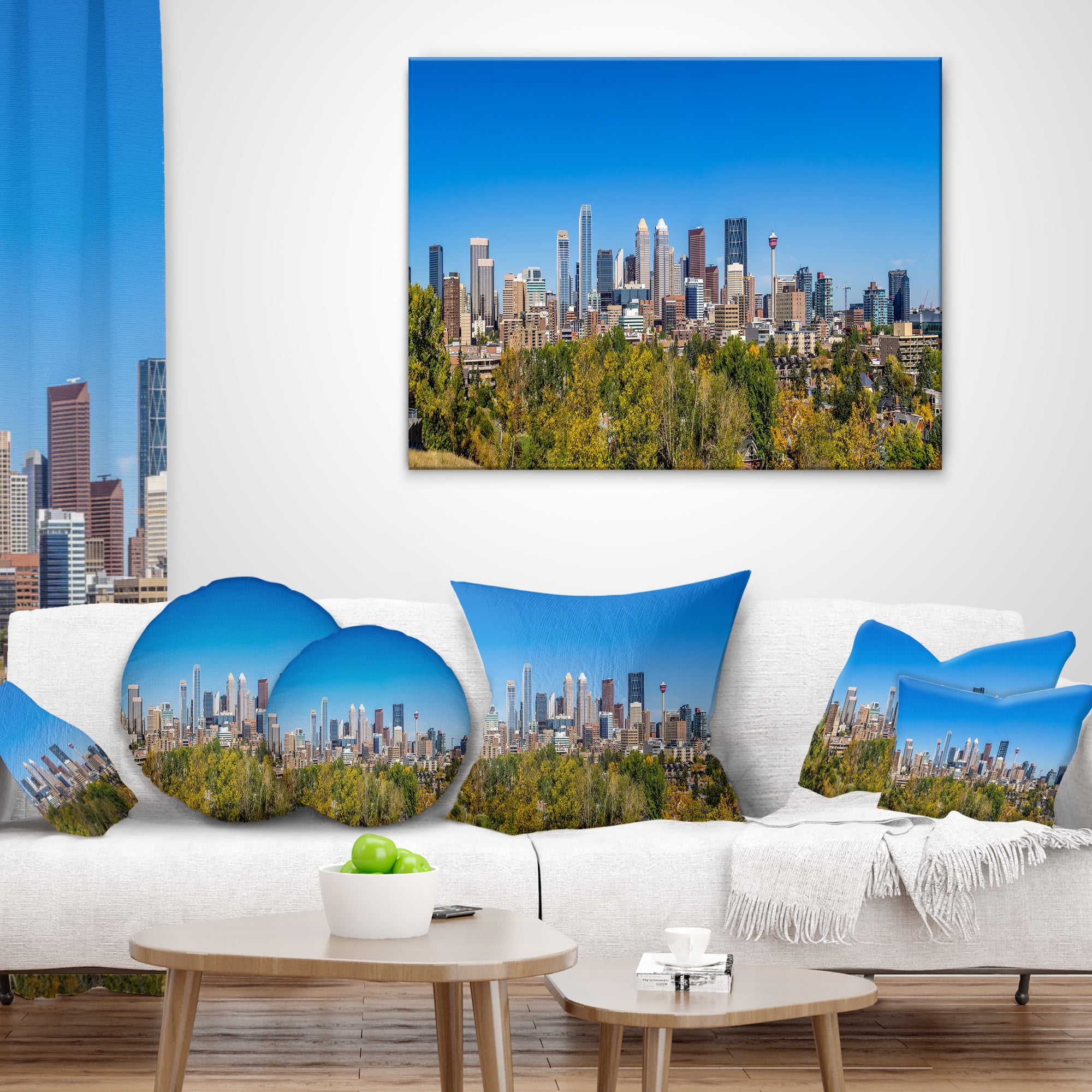 Designart Calgary Skyline with Blue Sky - Cityscape Throw Pillow - 16x16