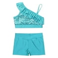 thumbnail image 6 of Doomiva Kids Girls Sequins Ballet Jazz Hip Hop Modern Belly Dance Costume Ruffle Crop Top with Shorts Set Dancewear Lake Green 8, 6 of 7