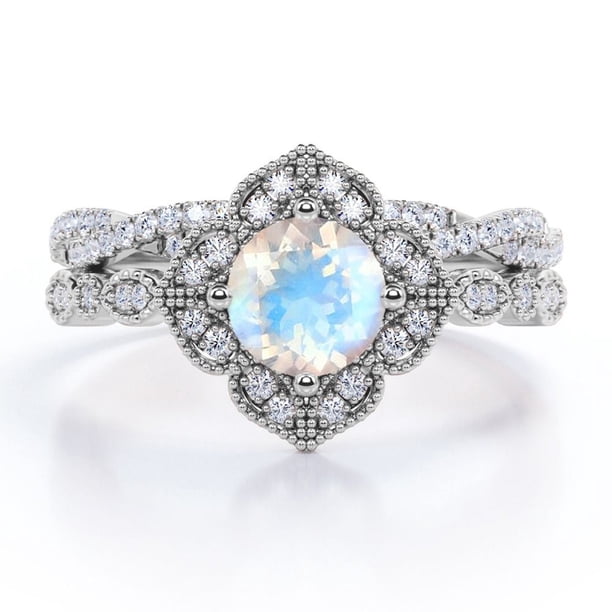 JeenMata Anillo Nupcial con Pavé Cruzado de Moissanita y Piedra Lunar Arcoíris de Forma Redonda de 1,75 Quilates con Diseño Floral Milgrain Estilo Art Déco en Baño de Oro Blanco de 18 K sobre Plata