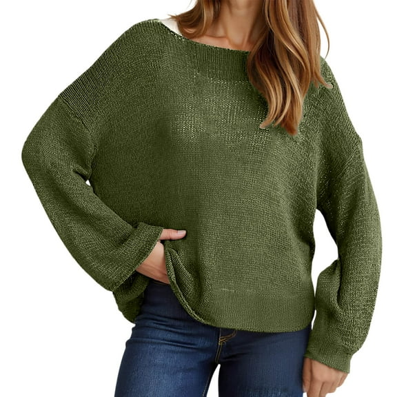 HJYCHN Women Solid Color Long Sleeve Sweater Knitted Casual Sweater Openwork for Fall and Winter Season Green L