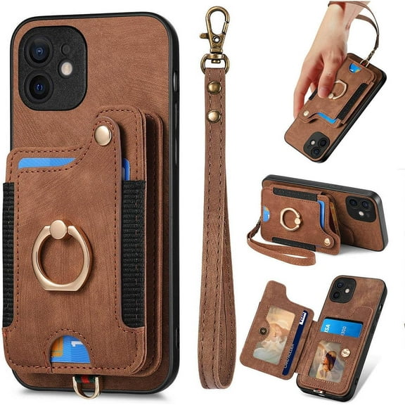 12 Mini Case,Card Holder Wallet for iPhone 12 Mini Case,Ring Holder Stand,RFID-Blocking,Wrist Strap,Camera Protector,Leather Protective Flip Cover for iPhone Mini 12 Case (Brown)