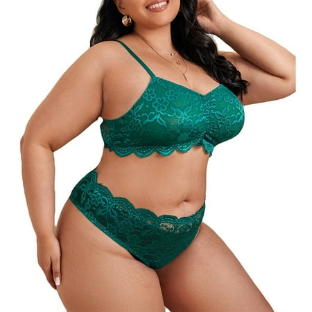 

Plus Size Women Lace Sexy Lingerie Bralette Set Halter Bra 2 Piece Pajamas
