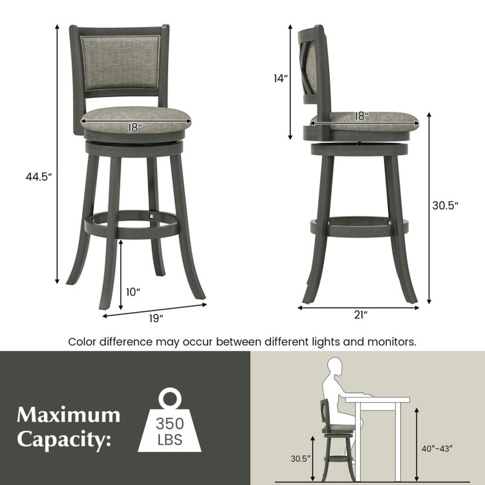Demi Bonn Set of 2 Swivel Bar Stools with Soft-padded Back and Seat, Modern Kitchen Dining Chair, Gray-L