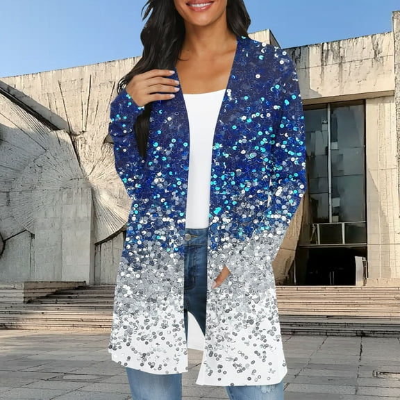 Amidoa Long Sleeve Cardigans for Women Open Front Blue Long Lightweight Sparkly Cozy Cardigans Sweaters for Women L