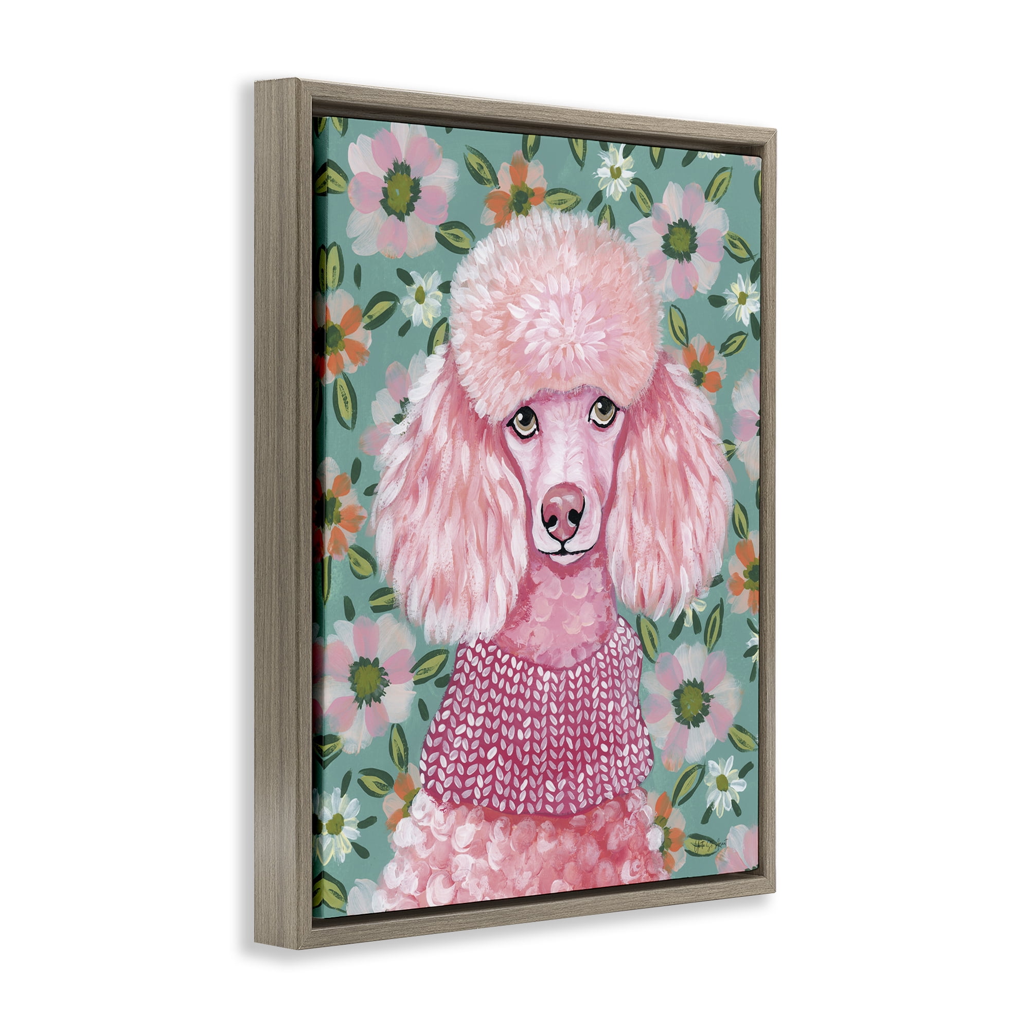 Stupell Industries Floral Poodle In Pink Brown Framed Floater Canvas Wall Art, design by Yvette St. Amant