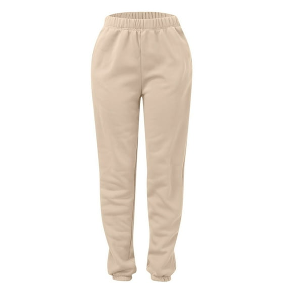 YOTMKGDO Women's Casual Solid Pocket Pants High Waist Elastic Band Pants, Sweatpants for Women, Beige Sizes S-3XL