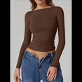 thumbnail image 4 of Camisa de Larga con Cuello Redondo para Mujer, Básica, con Doble Forro y Fruncido Lateral, para Salir Marrón S, 4 of 7