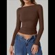 thumbnail image 4 of Camisa de Larga con Cuello Redondo para Mujer, Básica, con Doble Forro y Fruncido Lateral, para Salir Marrón S, 4 of 7