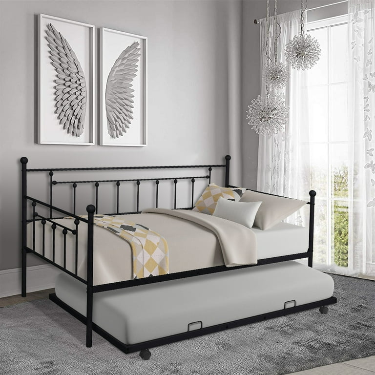 Metal Bed with Trundle Twin Size Daybed Frame with Pullout