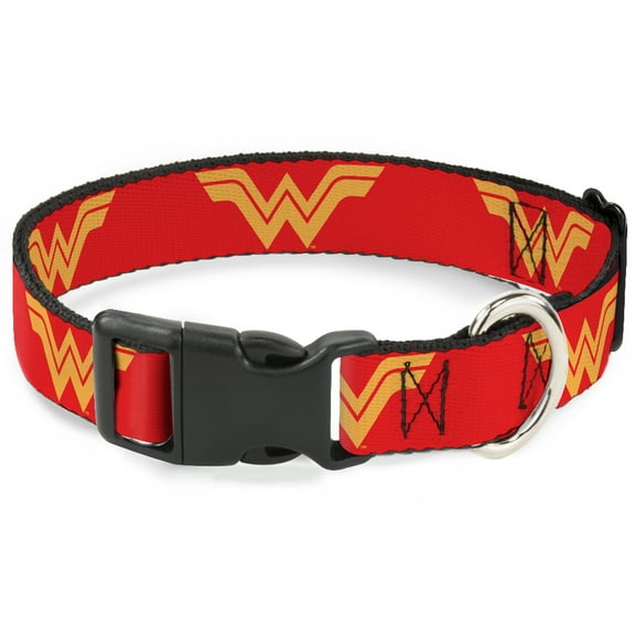 DC Comics Pet Collar, Dog Collar Plastic Buckle, DC League of Super Pets Wonder Woman Logo Red Yellow, 7 to 8.5 Inches 0.5 Inch Wide