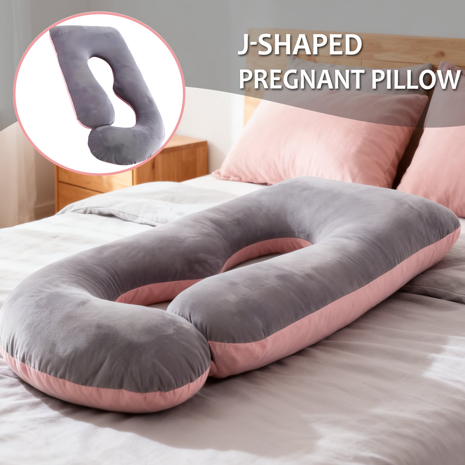 J-Shaped Pregnancy Pillow, Ergonomic Full-Body Maternity Pillow, Breathable Antibacterial, Pink and Gray