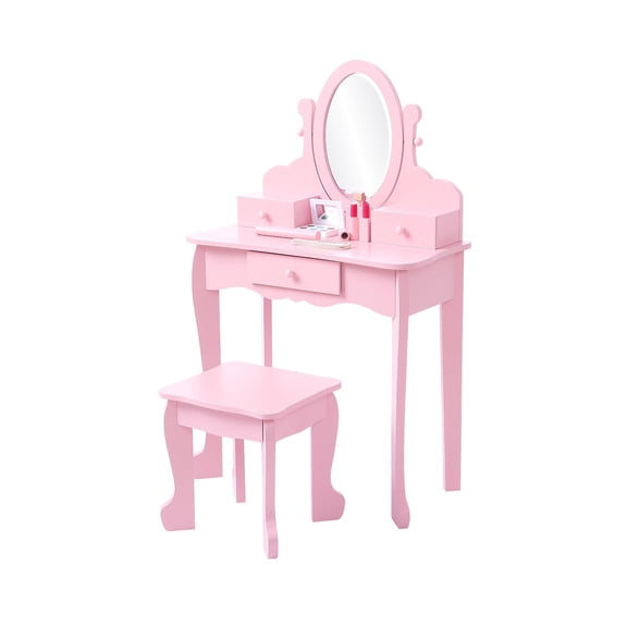 Kicctian Princess Kids Vanity Set with Mirror and Stool, Wooden Makeup Dressing Table for Girls Ages 4-8, Drawer and Chair Included, Pretend Play Furniture for Bedroom,Pink