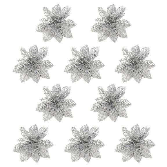 Leodye 24 Pack Christmas Silver Glitter Poinsettia Flowers,Christmas Tree Decorations,Glitzy Poinsettia Bushes Christmas Decorations for Xmas/Holiday/Seasonal/Wedding