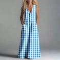 thumbnail image 6 of Makaor Summer Linen Dresses for Women A Line Button Maxi Dresses Plus Size Sleeveless Dress Gingham V Neck Beach Vacation Clothes with Pockets Blue 2XL, 6 of 7