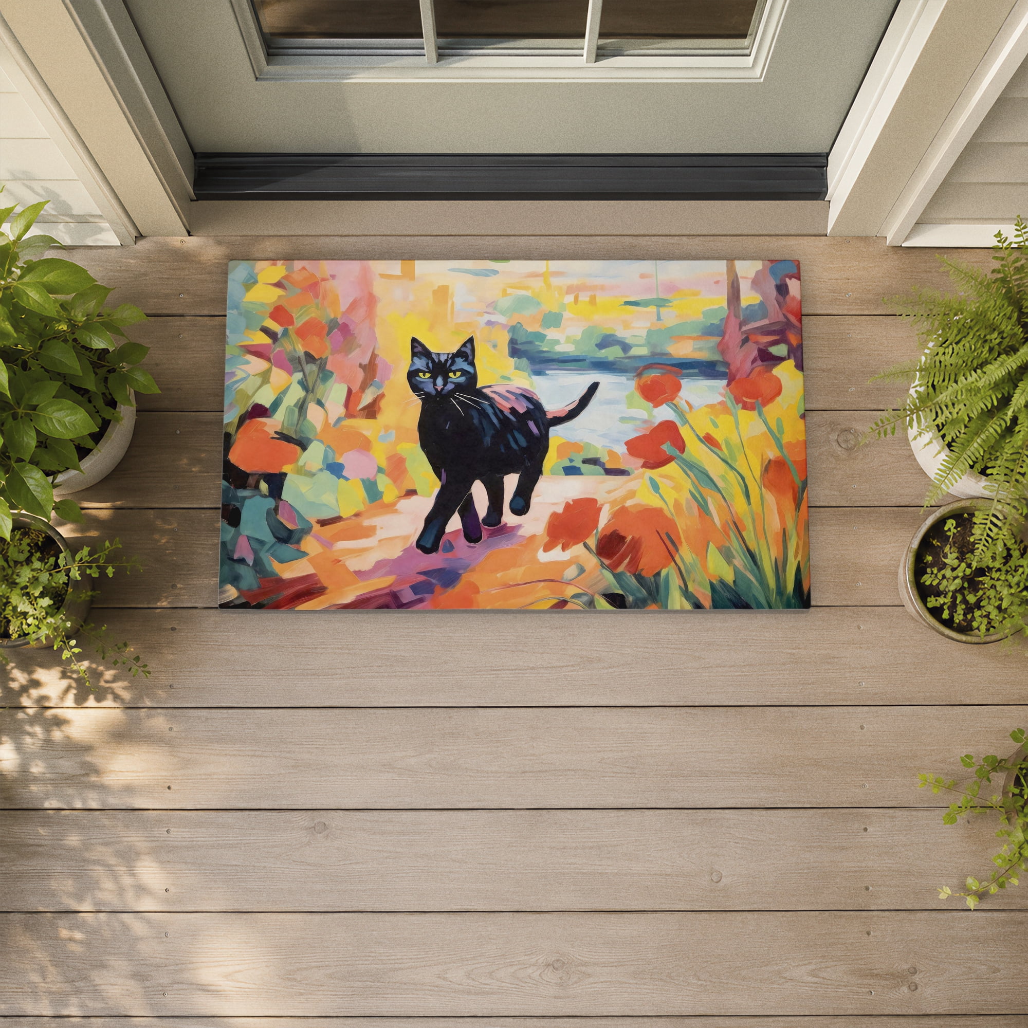 Stupell Industries Cat In Bright Harmonious Garden Printed Outdoor Door Floor Mat, design by Creative Studio
