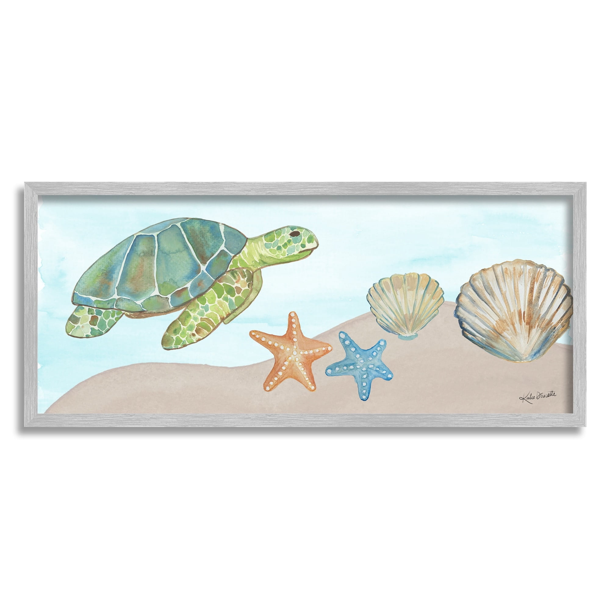 Stupell Industries Green Turtle Swimming Starfish Shells Sea Life Painting Gray Framed Art Print Wall Art, Design by Katie Doucette
