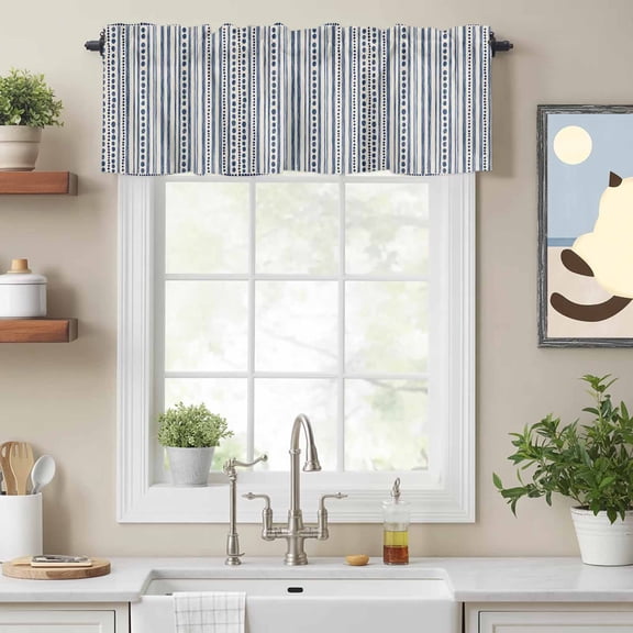 Modern Geometric Blue Stripe Dot Valances for Windows,Kitchen Valance Rod Pocket Short Curtain, Abstract Line Graffiti Beige Valance Curtain Window Valances for Bedroom Bathroom Living Room 54x18in