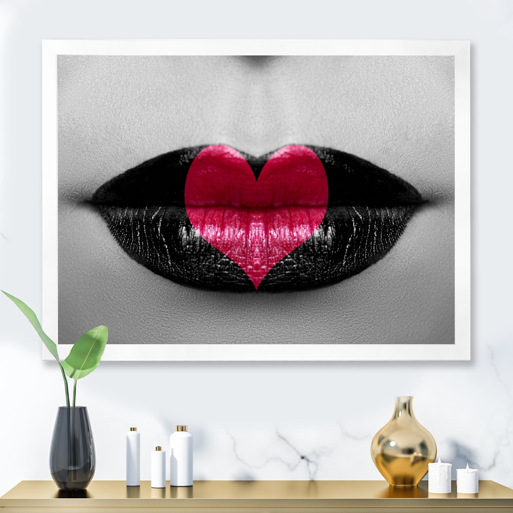 Designart 'Red Heart In Monochrome Lips' Modern Framed Art Print