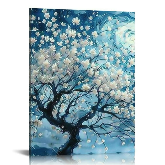 FCXZI Cherry Blossom Wall Art Starry Night Floral Tree Pictures Wall Decor Nature Landscape Canvas Painting Teal Home Modern Artwork Decorations for Bathroom Living Room Bedroom Office 12x16in