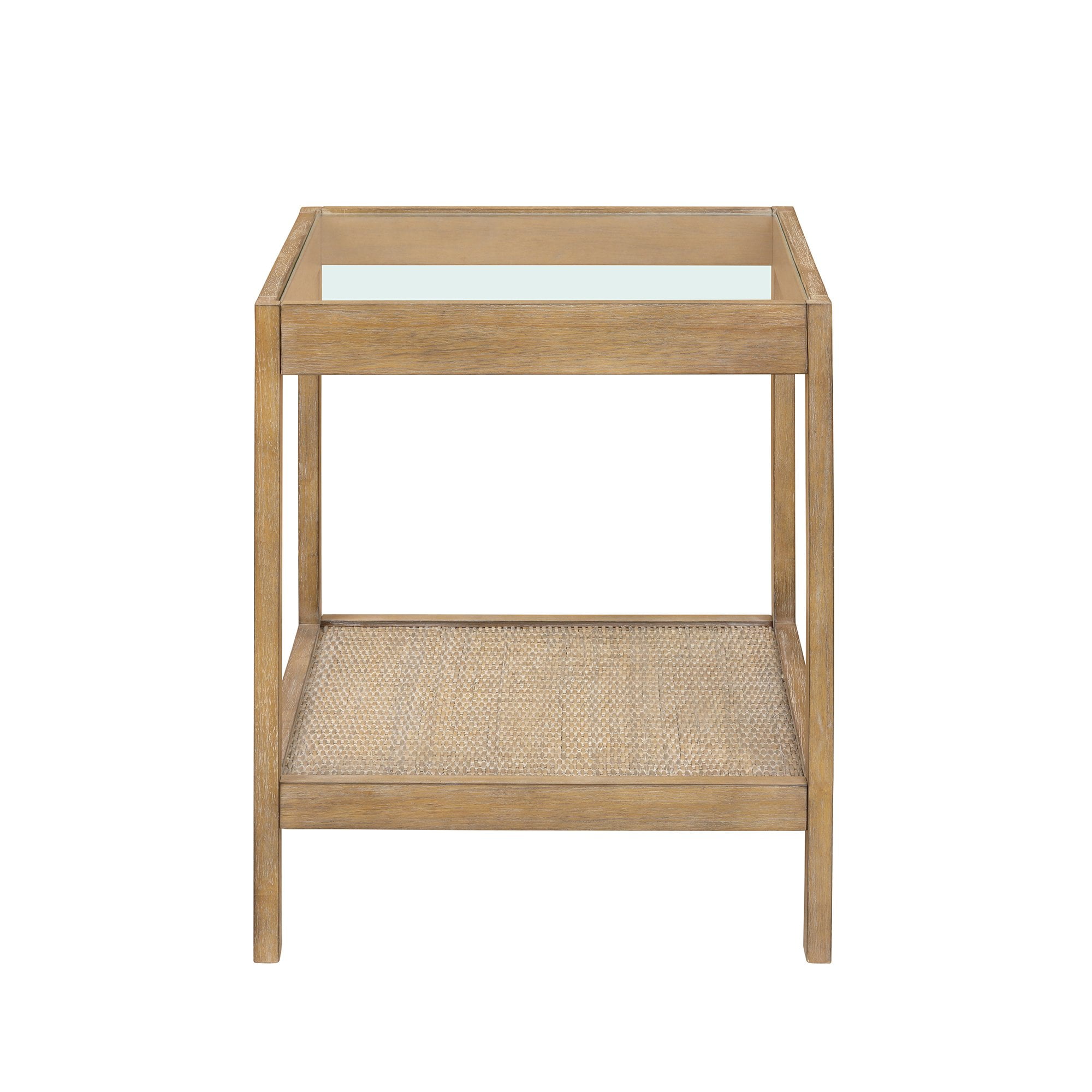 Nathan James Hayes Solid Wood Nightstand, Bedside, End/Side Table in Light Brown Wood Finish & Glass Top with Open Storage Shelf