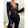 thumbnail image 4 of Women'S Floral Embroidery Mesh Lace Round Neck Long Sleeve Top Black XL, 4 of 6