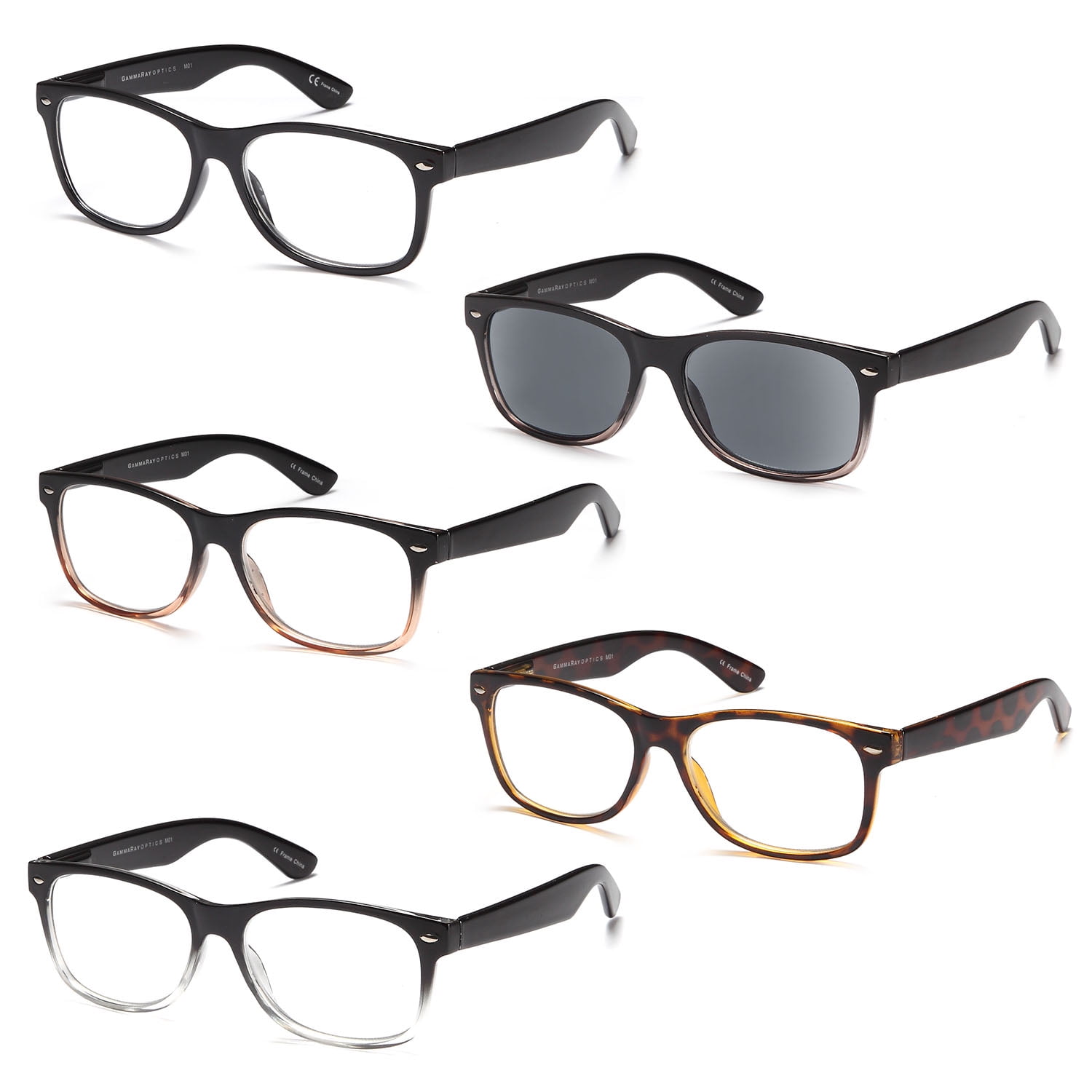 GAMMA RAY 5 Pack Spring Hinged Reading Glasses for Men and Women