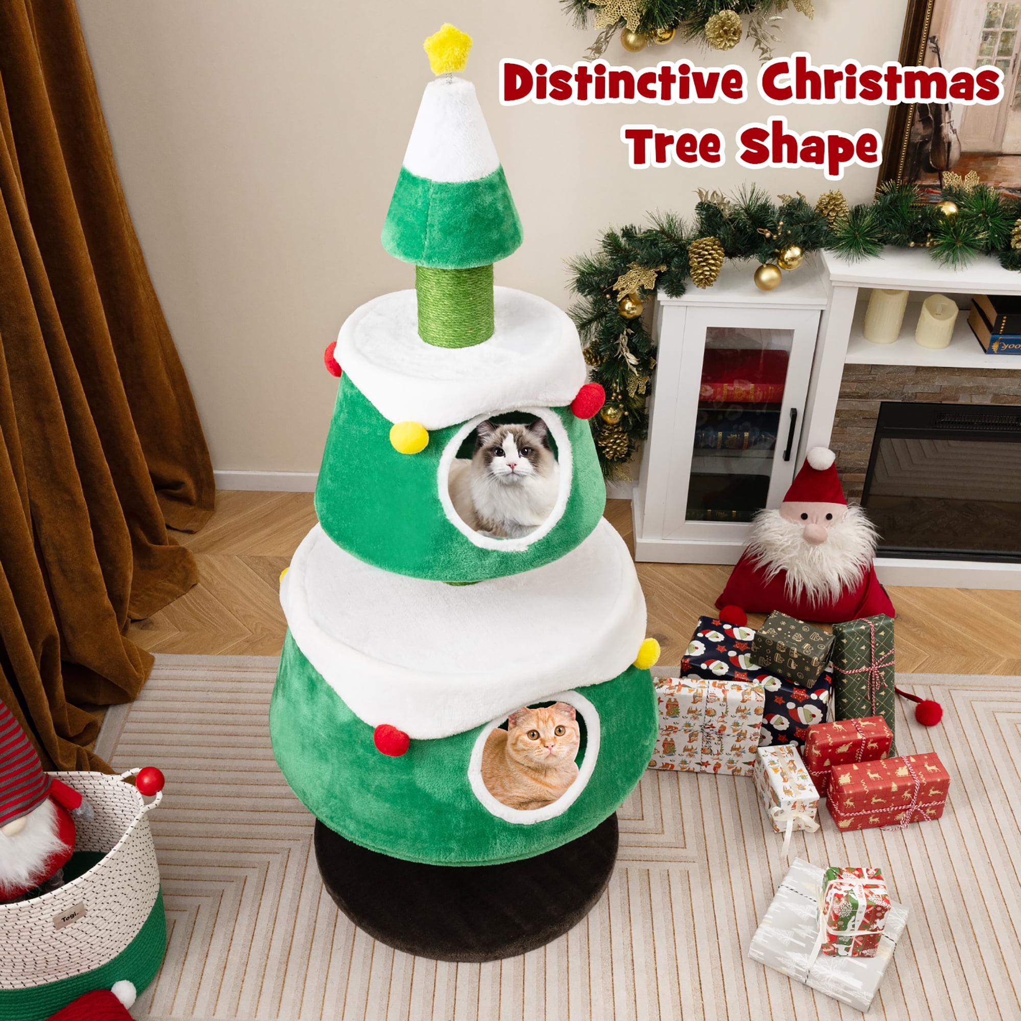 Gymax Christmas Cat Tree for Indoor Cats w/ 2 Condos Sisal Scratching Posts Spring Toy