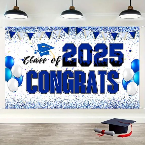 Decorations Class of 2025 Congrats Grad Banner Graduation Party Backdrop for Graduation Celebrations (Blue and White)