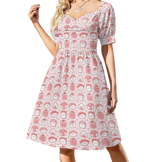 Vestido de fiesta de sushi rosa de manga corta, vestido de fiesta, vestido suelto para mujer.