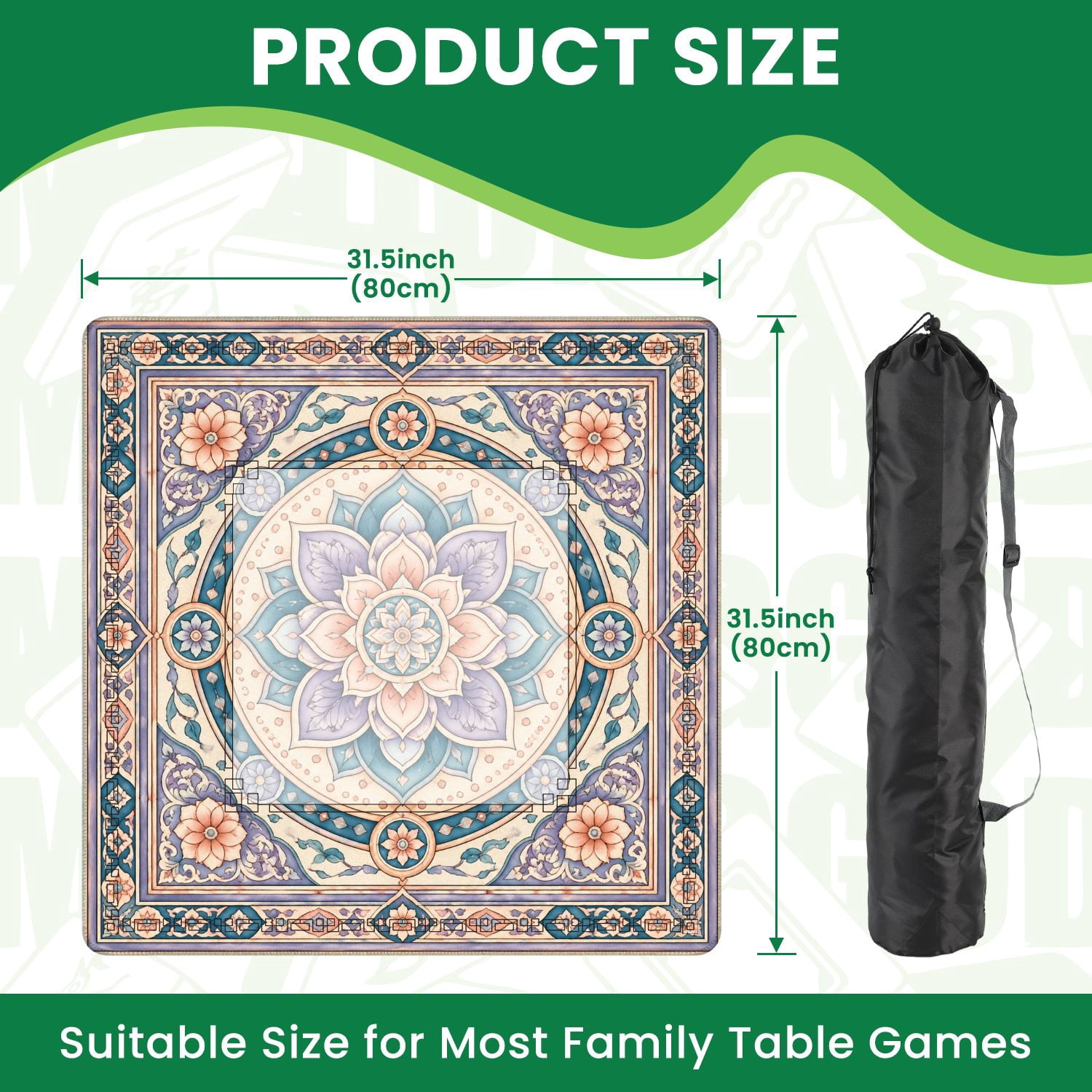 Mahjong Mat 31.5" x 31.5" Ornamental Mandala Floral Pastel Blue Purple Peach Accents Non-Slip Noise Reduction American Mahjong Tiles Table Cover for Dominoes Poker Card Board Games Gift