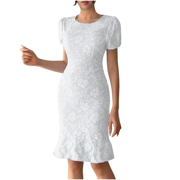 Women's Floral Printed Fishtail Dresses Short Sleeve Crew-Neck Slim Fit Dress Simple Fashion Ruffle Hem Midi Dress