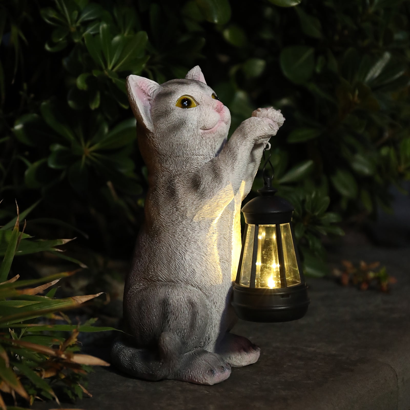 10 Inch Cat Garden Statue with Solar Lantern,Solar Statue,Resin Decor for Patio, Lawn & Outdoor Spaces