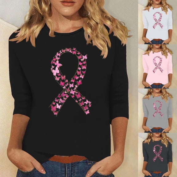 VKOYWKM Breast Cancer Awareness Shirts for Women Breast Cancer 3/4 Sleeve Tops Pink Ribbon Graphic Tee Breast Cancer Survivor Shirt