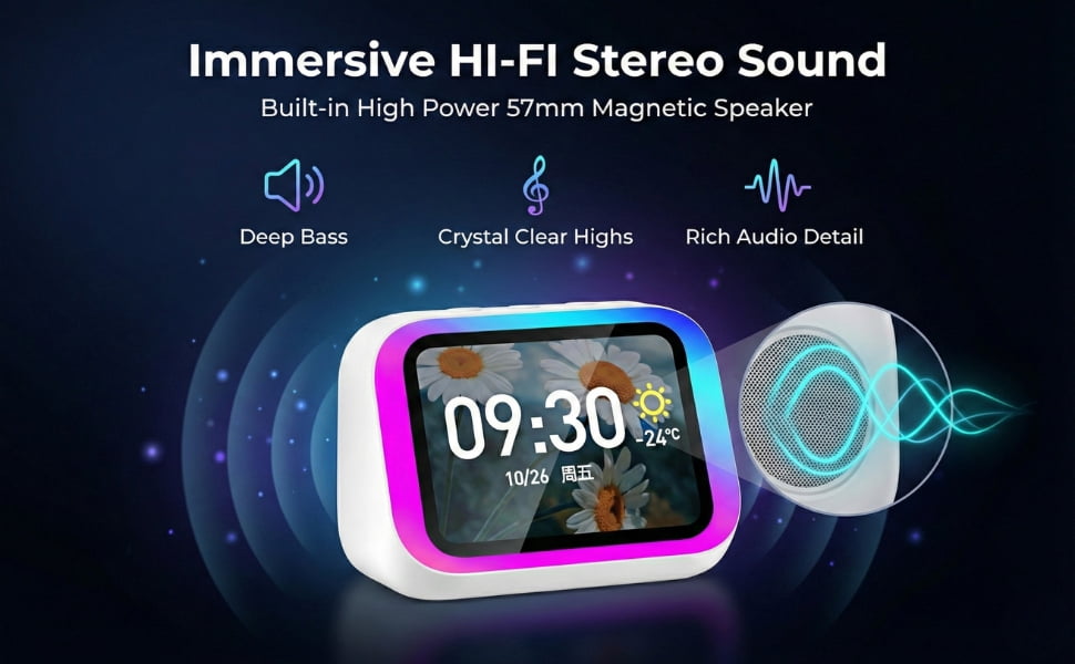 Smart Alarm Clock,Digital Alarm Clock for Bedroom with Wireless Bluetooth 5.4 Speaker,Dynamic RGB Light,Stereo Sound,Large Screen Display,Time&Weather Display,Hand-Free Calls,Great for Seniors,Kids