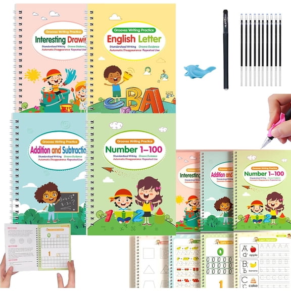 Motor Magic WorkBooks, Your Little Explorer Writing Books, Full Set 4 Book W/10 Replacement Refills 1 Pen 1 Pencil Grip, Magic Grooved Writing Practice Books