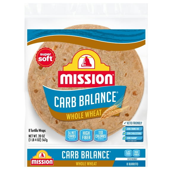 Mission Super Soft Carb Balance Whole Wheat Burrito Flour Tortillas, 20 oz, 8 Count