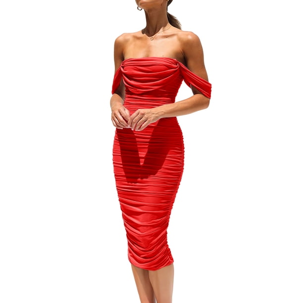 Vestido PRETTYGARDEN 2025 Midi Rojo con Hombros Descubiertos y Fruncido Talla L