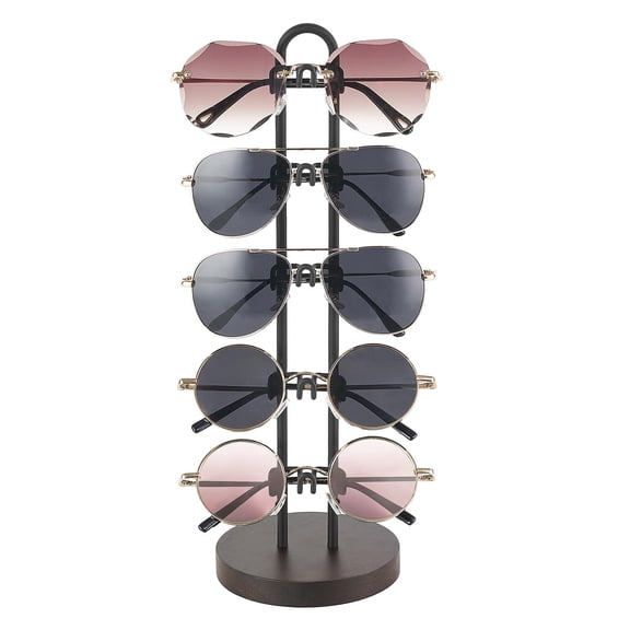 Sunglasses Organizer Glasses Holder Stand Eyeglasses Rack Metal Frame with Wood Base for 5 Pairs of Eyewear Display for Table Desk Countertop Dresser Bedroom, Black