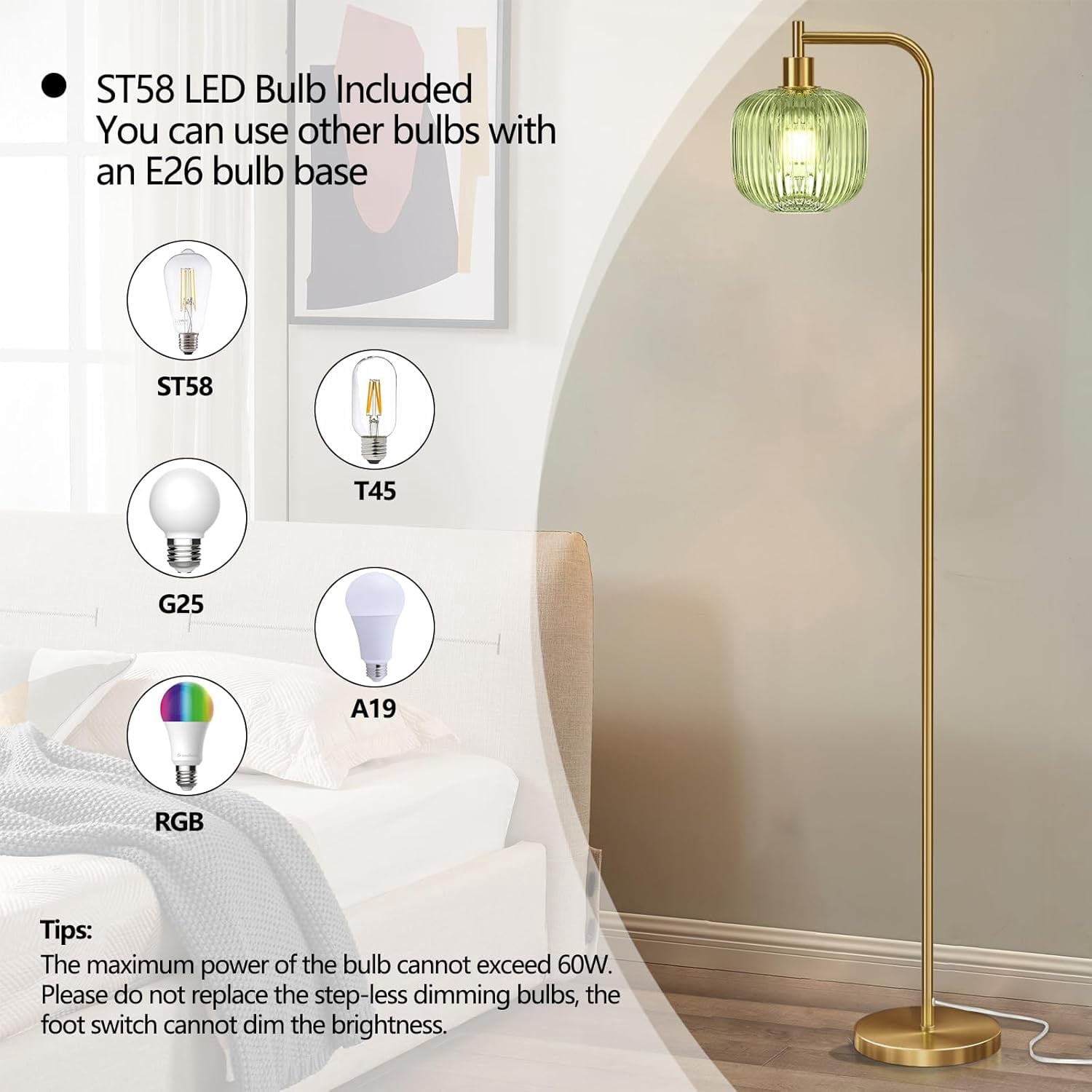 67” Modern Floor Lamp for Living Room Glass Standing Lamp Gold