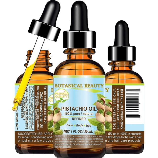 Botanical Beauty ACEITE DE PISTACHO italiano Pistacia Vera puro natural refinado 1 fl.oz.- 30 ml para la piel del rostro, el cabello, los labios y las uñas. Rico en vitamina E