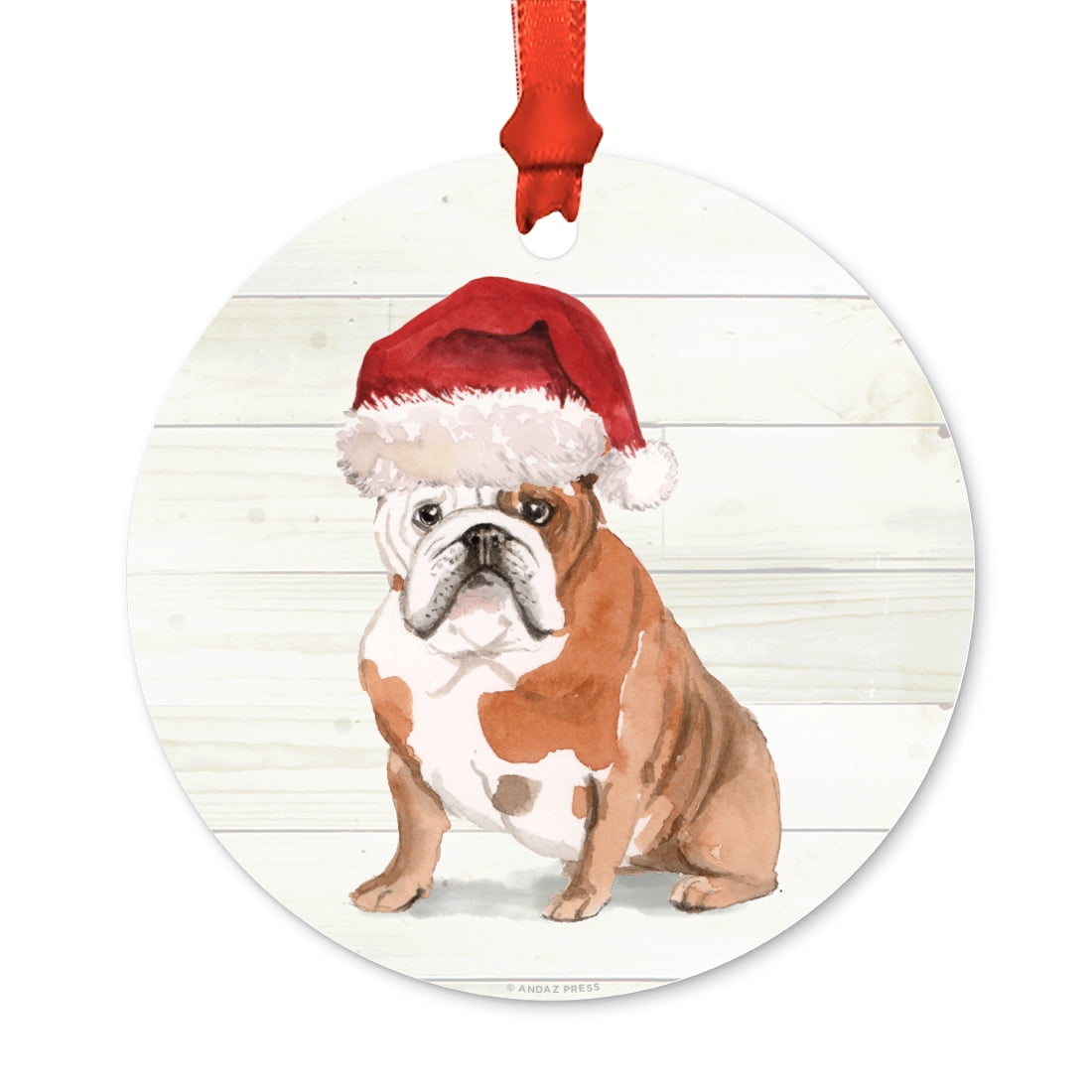 English Bulldog with Santa Hat, Includes Ribbon and Gift Bag