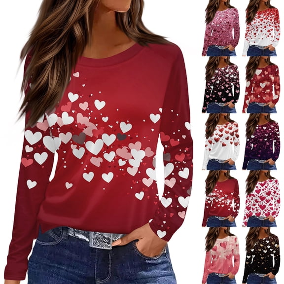 Inglocry Valentine Shirts for Women 2026 Long Sleeve Crew Neck Holiday Heart Printed Tops Tunic Loose Fit Blouses Light pink 3XL