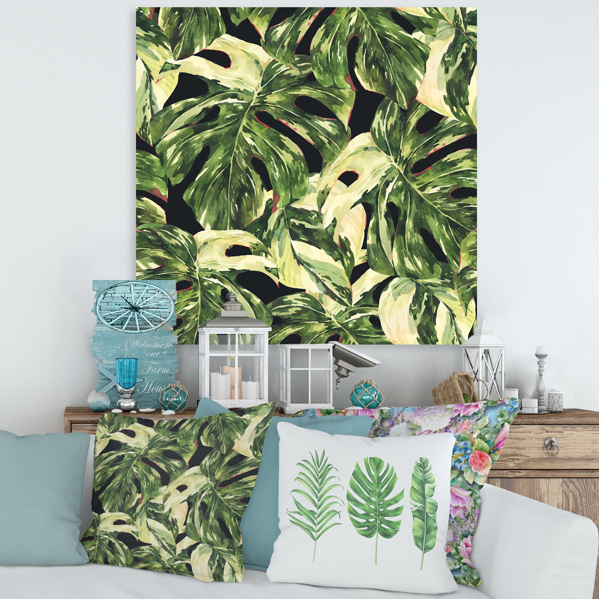 Natural Green Leaves Exotic On Dark II 16 in x 16 in Painting Canvas Art Print, by Designart