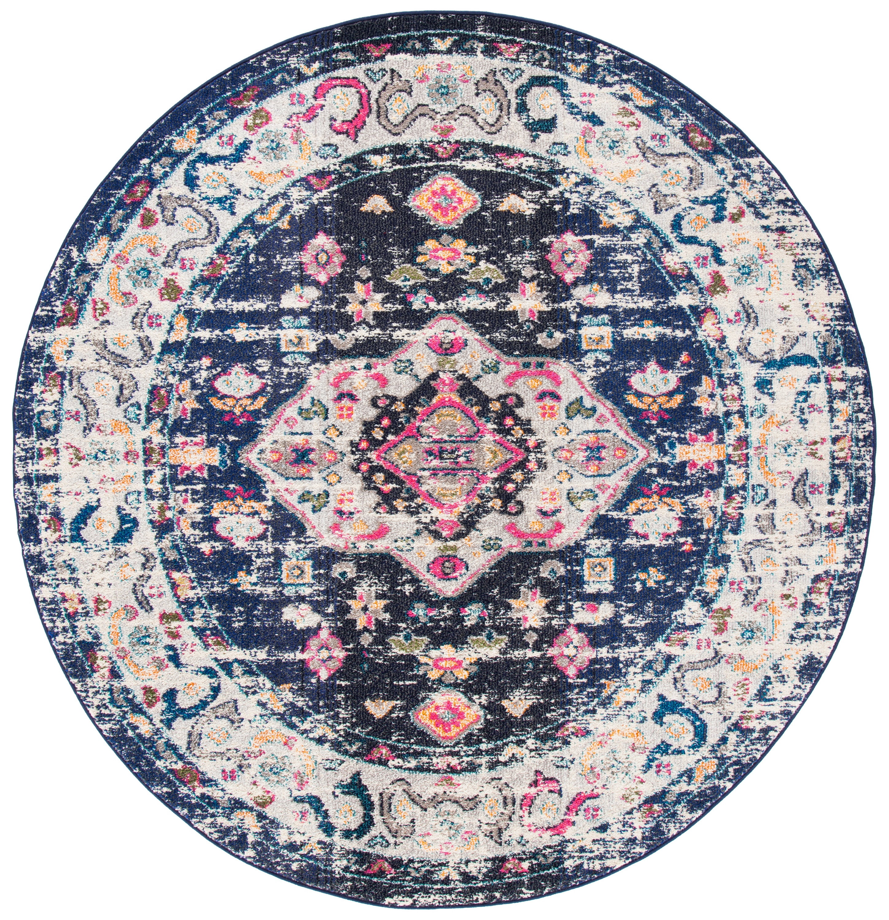 SAFAVIEH Madison Trenton Vintage Traditional Area Rug, Navy/Ivory, 6'7" x 6'7" Round